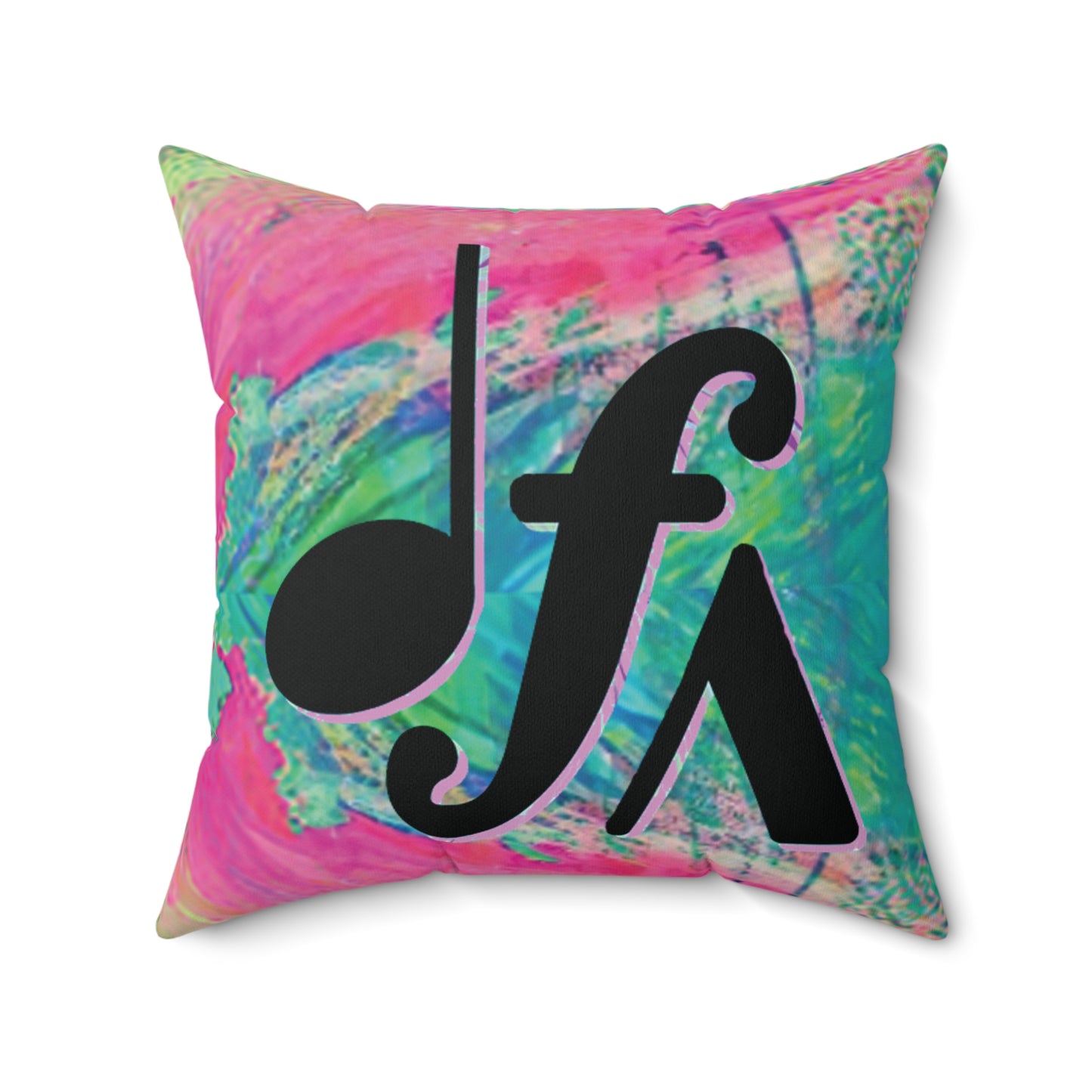 Colorful Tie-Dye Music Symbol Pillow — Bold Note & Forte Accent Throw Pillow
