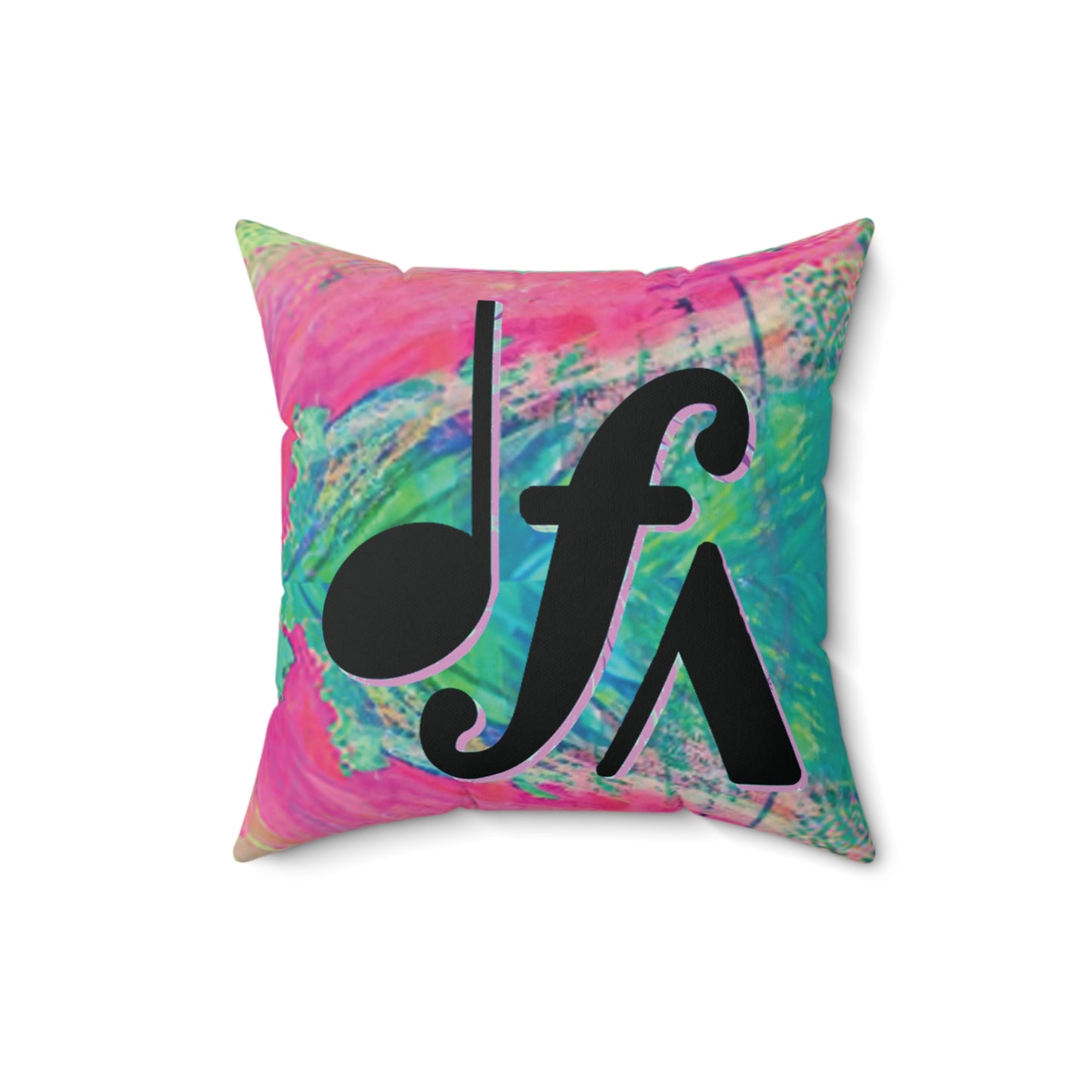 Colorful Tie-Dye Music Symbol Pillow — Bold Note & Forte Accent Throw Pillow