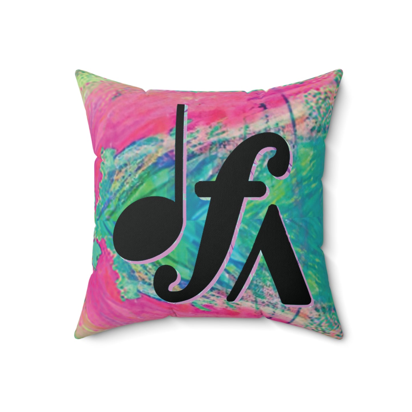 Colorful Tie-Dye Music Symbol Pillow — Bold Note & Forte Accent Throw Pillow