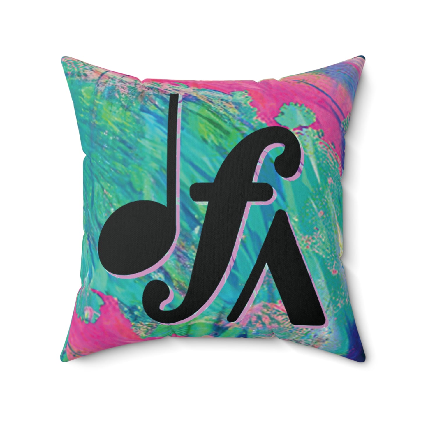 Colorful Tie-Dye Music Symbol Pillow — Bold Note & Forte Accent Throw Pillow